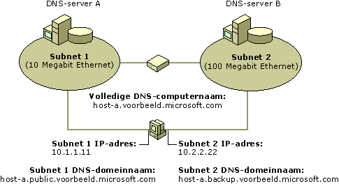 Multihomed DNS-computer die met een groot aantal namen is geconfigureerd